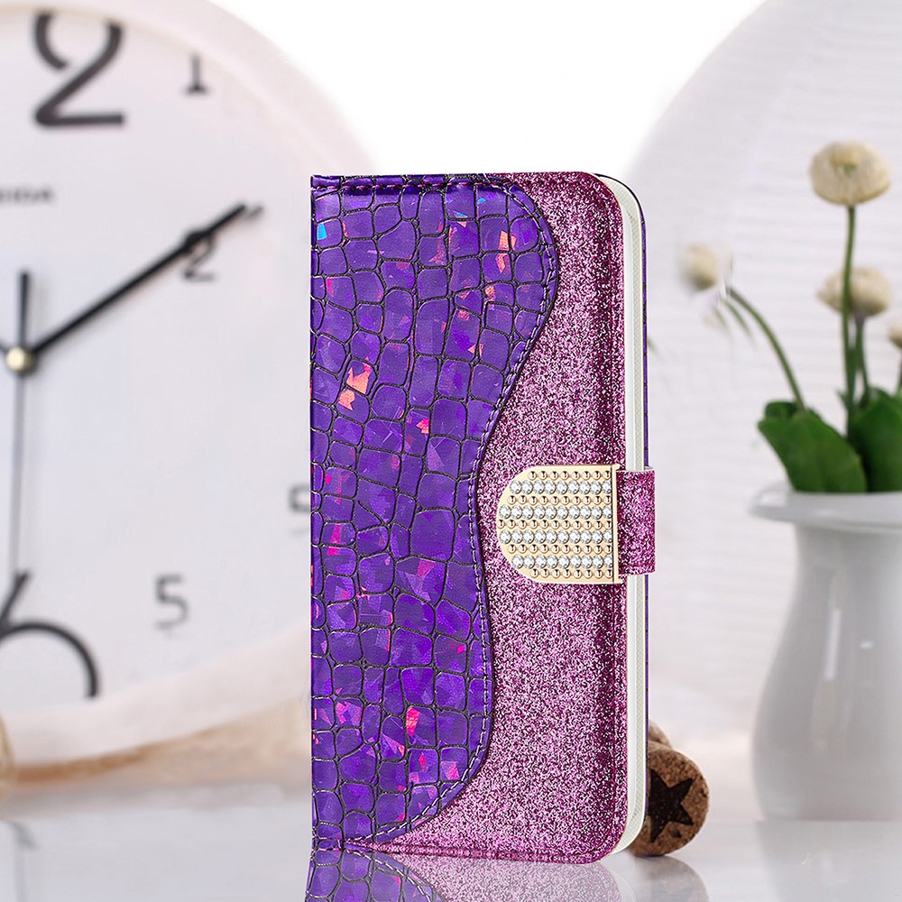 Crocodile Skin Glittery Powder Splicing Leather Stand Wallet Case for Samsung Galaxy A12 - Purple-2