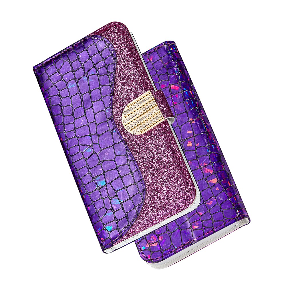 Crocodile Skin Glittery Powder Splicing Leather Stand Wallet Case for Samsung Galaxy A12 - Purple-5