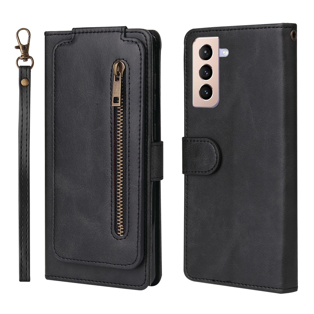 Zipper Pocket 9 Card Slots Leather Wallet Case for Samsung Galaxy S21+ 5G - Black-1