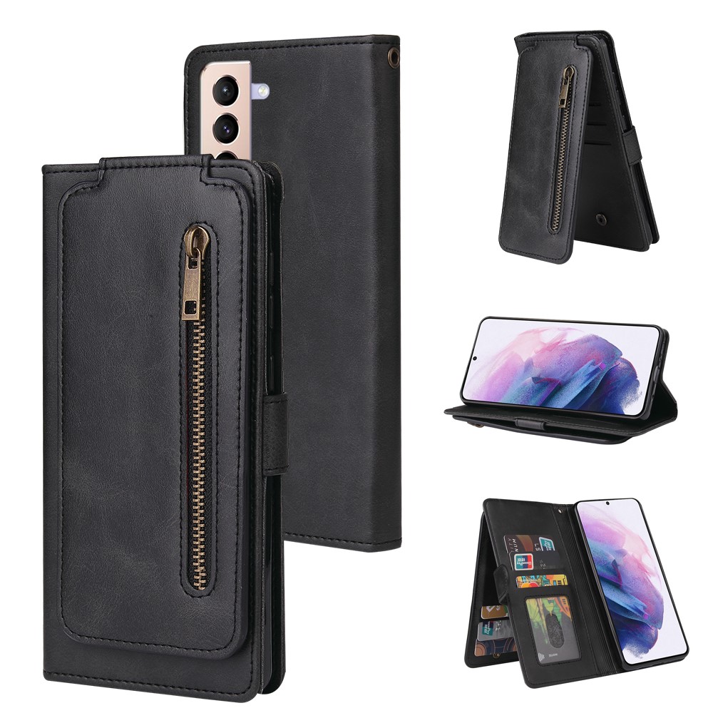 Zipper Pocket 9 Card Slots Leather Wallet Case for Samsung Galaxy S21+ 5G - Black-10