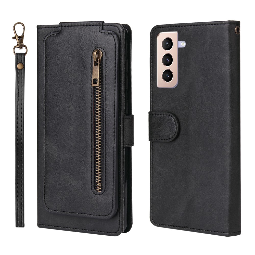 Zipper Pocket 9 Card Slots Leather Wallet Case for Samsung Galaxy S21 5G - Black-1