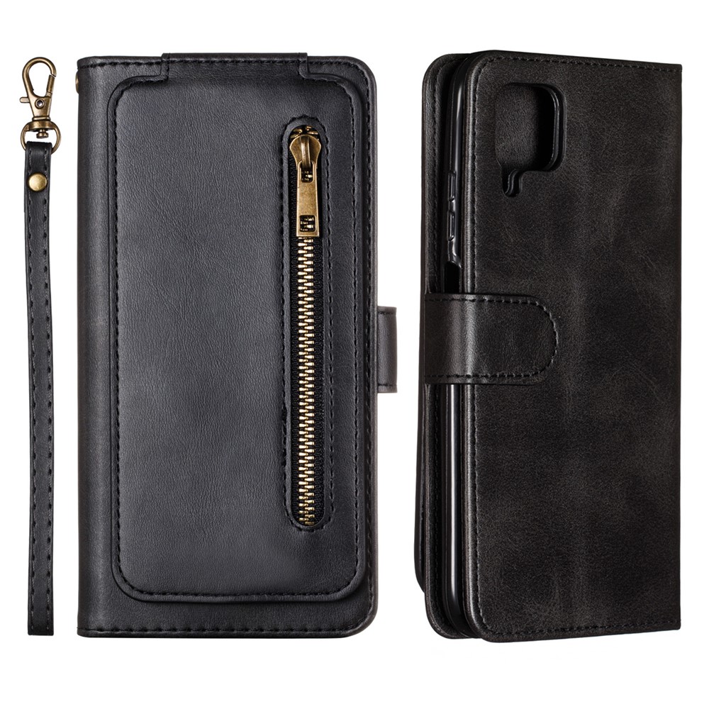 Zipper Pocket 9 Card Slots Leather Wallet Case for Samsung Galaxy A42 5G - Black-1