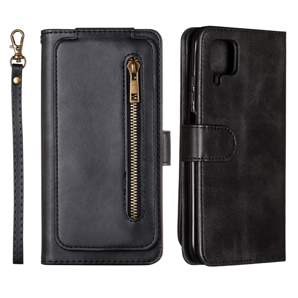 Zipper Pocket 9 Card Slots Leather Wallet Case for Samsung Galaxy A12 - Black-1