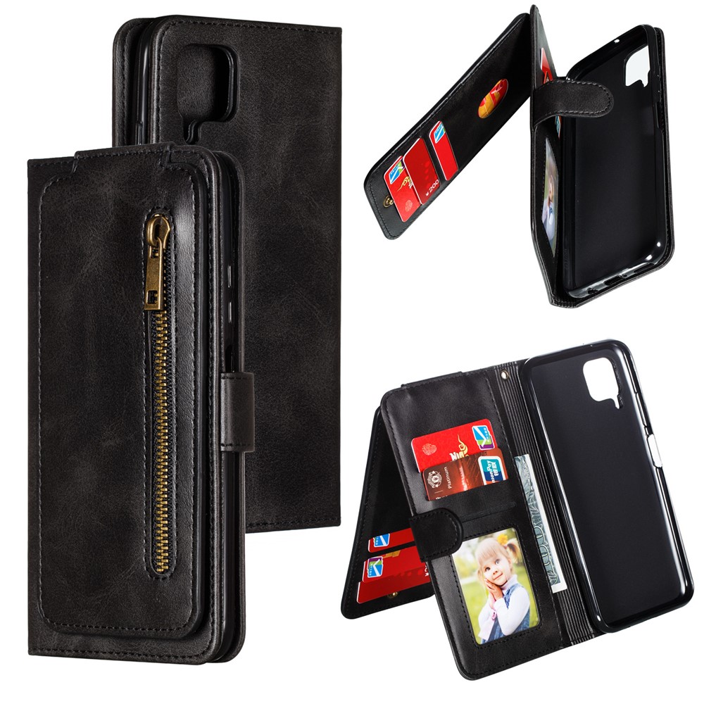 Zipper Pocket 9 Card Slots Leather Wallet Case for Samsung Galaxy A12 - Black-10