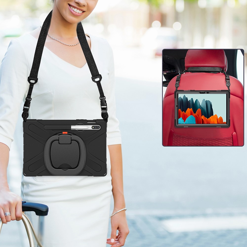 360 Degree Swivel PC + Silicone Kickstand Case with Shoulder Strap for Samsung Galaxy Tab S7 - All Balck-4