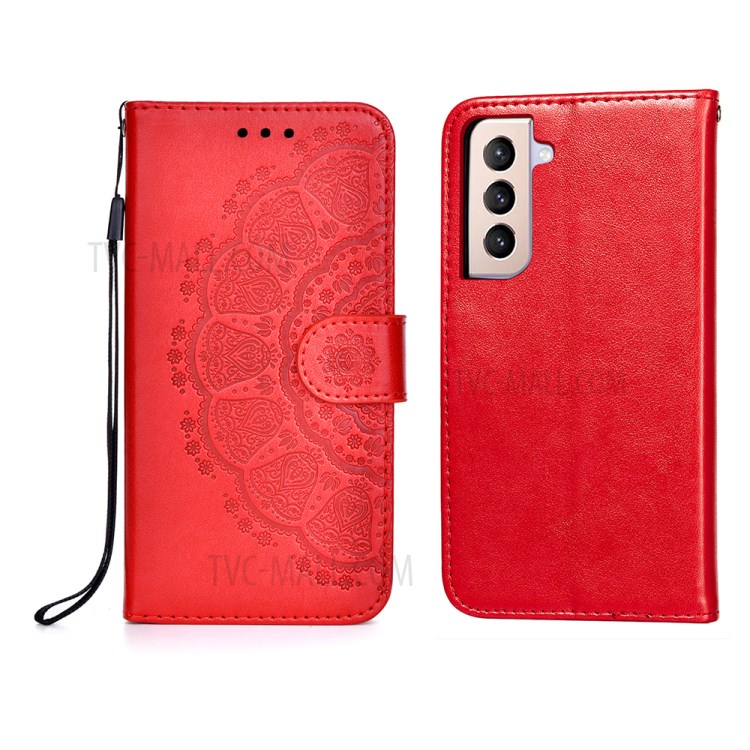 Imprint Mandala Flower Leather Wallet Case for Samsung Galaxy S21 5G - Red-1