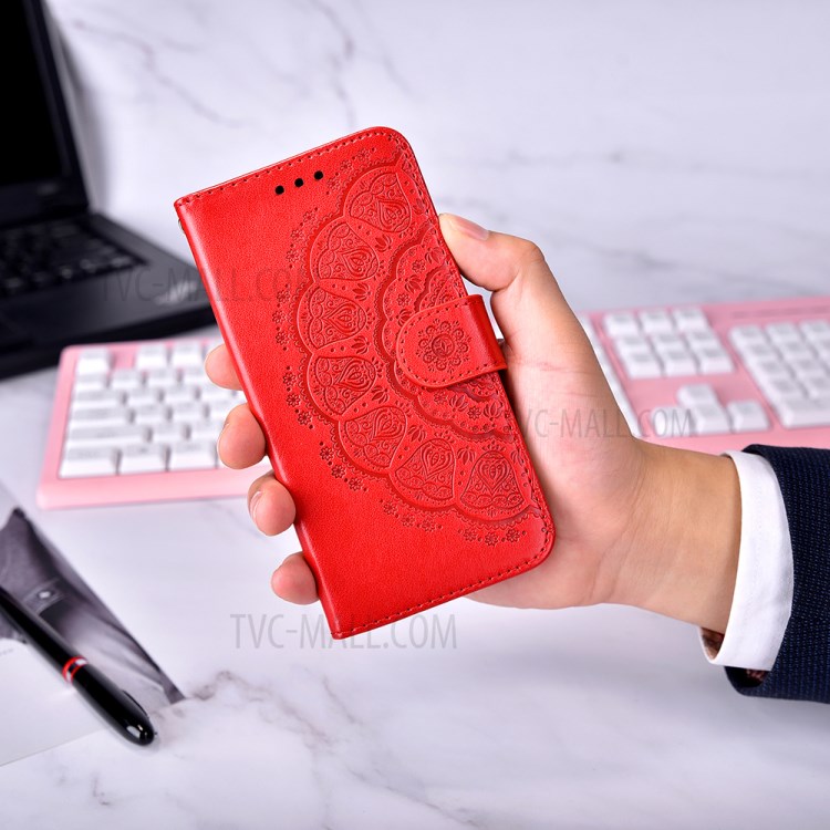 Imprint Mandala Flower Leather Wallet Case for Samsung Galaxy S21 5G - Red-10