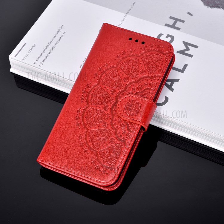 Imprint Mandala Flower Leather Wallet Case for Samsung Galaxy S21 5G - Red-9