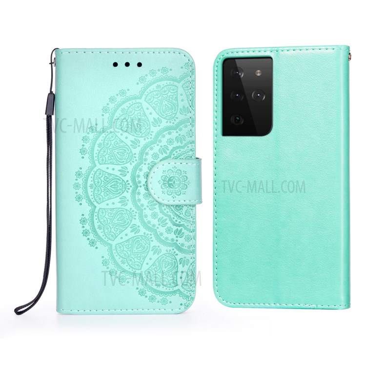 Imprint Mandala Flower Leather Wallet Shell for Samsung Galaxy S21 Ultra 5G - Green-1