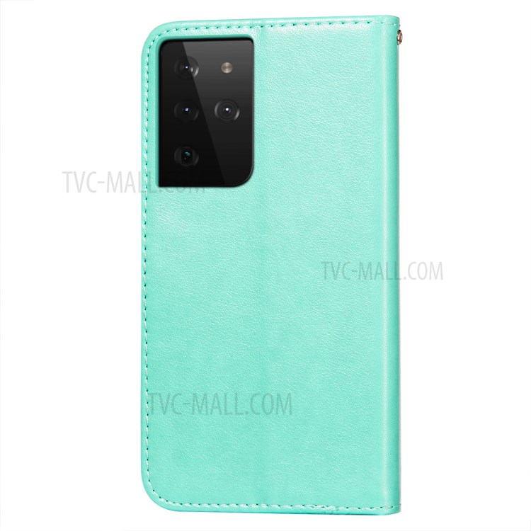 Imprint Mandala Flower Leather Wallet Shell for Samsung Galaxy S21 Ultra 5G - Green-3