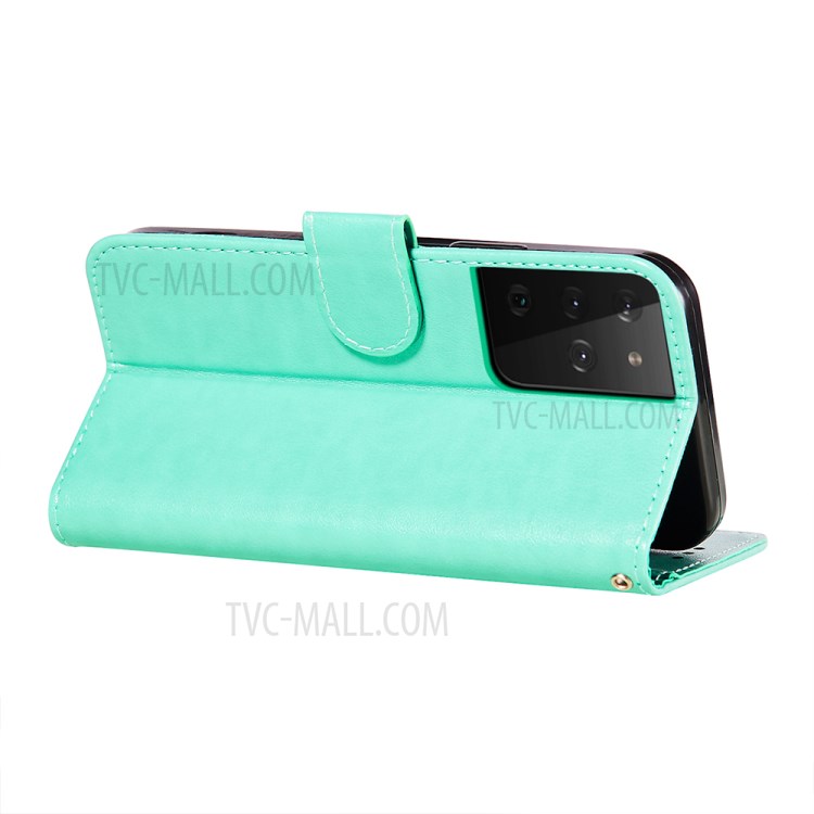 Imprint Mandala Flower Leather Wallet Shell for Samsung Galaxy S21 Ultra 5G - Green-7