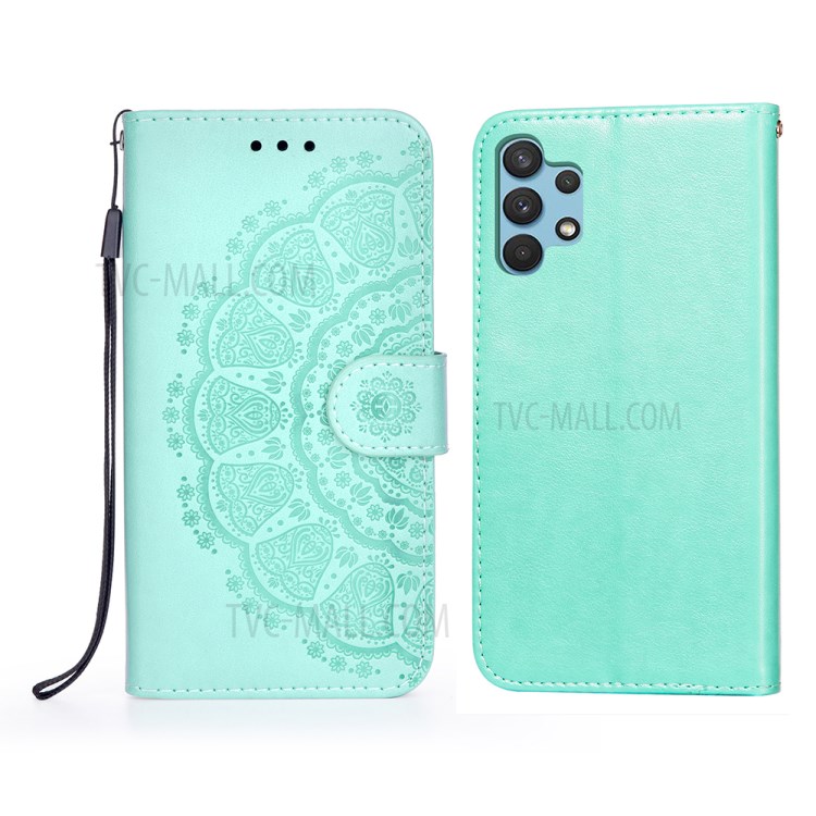 Imprint Mandala Flower Leather Wallet Case for Samsung Galaxy A32 4G (EU Version) - Green-1