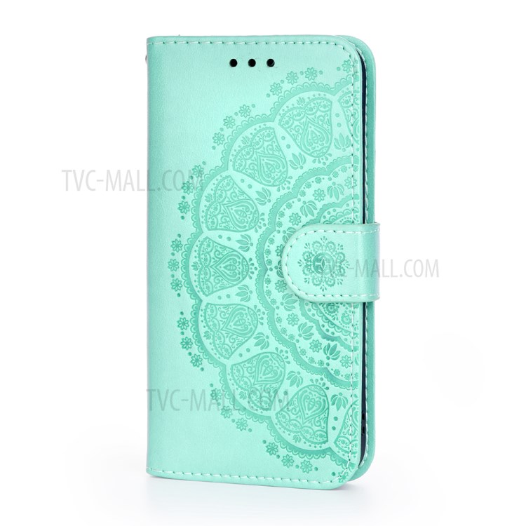 Imprint Mandala Flower Leather Wallet Case Cover for Samsung Galaxy A12 - Green-2