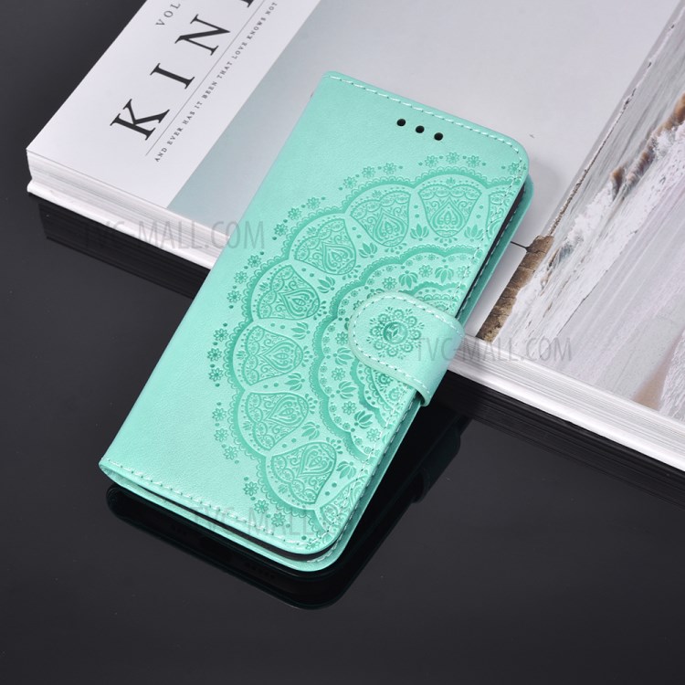 Imprint Mandala Flower Leather Wallet Case Cover for Samsung Galaxy A12 - Green-9