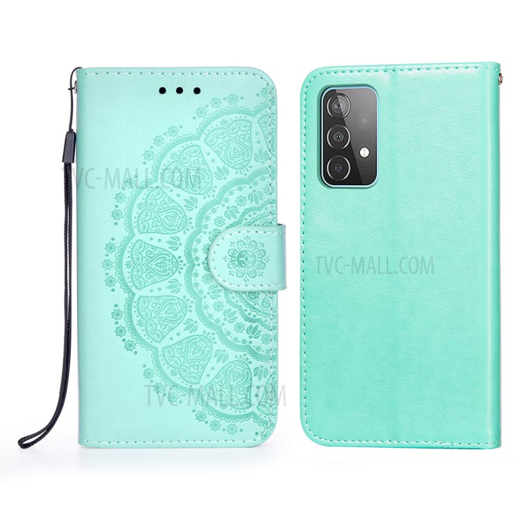 Imprint Mandala Flower Wallet Leather Stand Case for Samsung Galaxy A52 5G/A52 4G - Green-1
