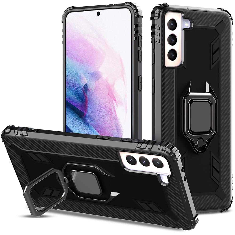 Soft TPU Finger Ring Kickstand Phone Shell Cover Case for Samsung Galaxy S21 5G - Black-1