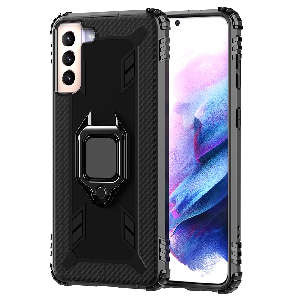 Soft TPU Finger Ring Kickstand Phone Shell Cover Case for Samsung Galaxy S21 5G - Black-2