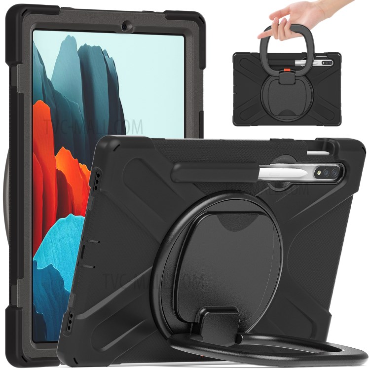 360 Degree Swivel PC + Silicone Kickstand Case for Samsung Galaxy Tab S7 - All Black-1