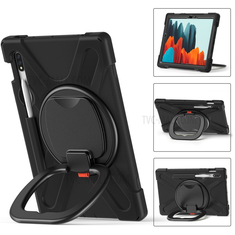 360 Degree Swivel PC + Silicone Kickstand Case for Samsung Galaxy Tab S7 - All Black-2