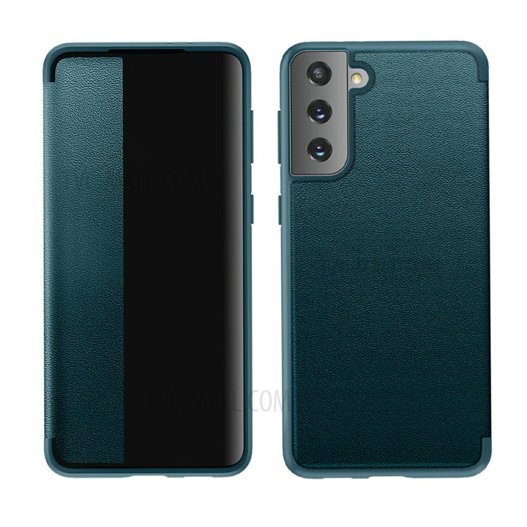 Elegant Style Anti-drop Leather Flip Case for Samsung Galaxy S21 5G Mobile Phone Protector Shell - Blackish Green-1