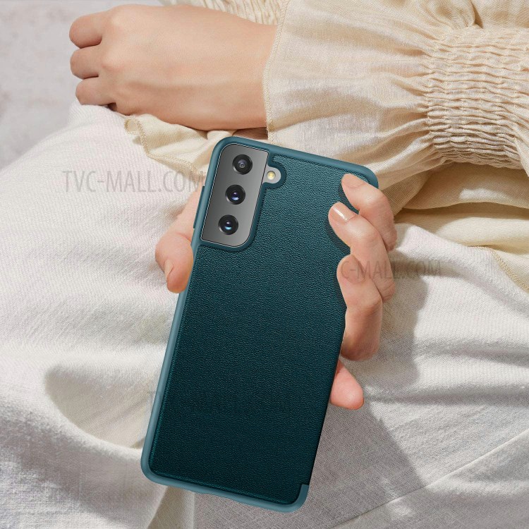 Elegant Style Anti-drop Leather Flip Case for Samsung Galaxy S21 5G Mobile Phone Protector Shell - Blackish Green-4
