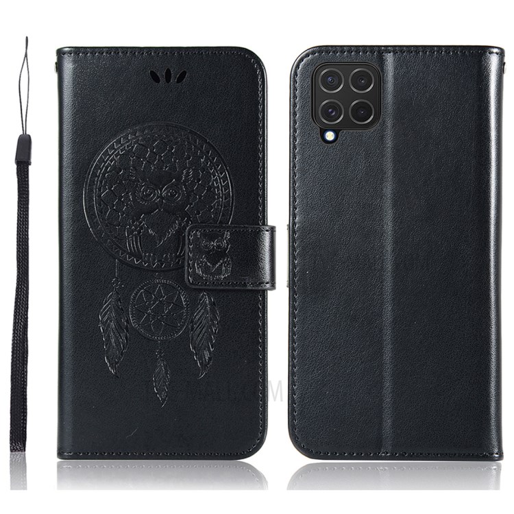 Imprinted Dream Catcher Owl Leather Wallet Case for Samsung Galaxy F62/M62 - Black-1