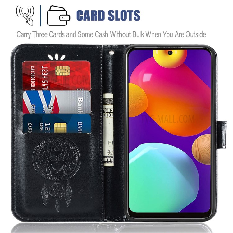Imprinted Dream Catcher Owl Leather Wallet Case for Samsung Galaxy F62/M62 - Black-4