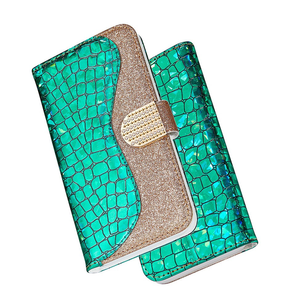 Glittery Powder Splicing Crocodile Skin Leather Wallet Case for Samsung Galaxy A02s (166.5x75.9x9.2mm) - Green-12