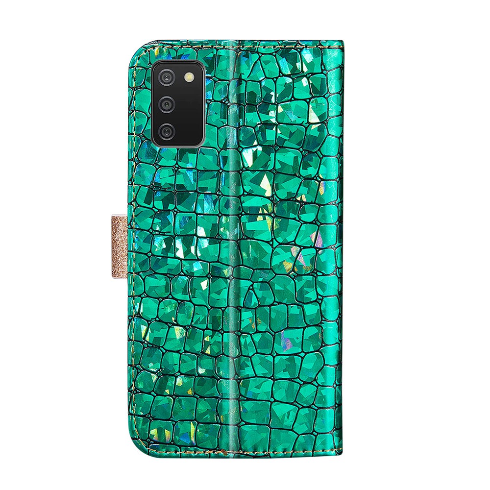Glittery Powder Splicing Crocodile Skin Leather Wallet Case for Samsung Galaxy A02s (166.5x75.9x9.2mm) - Green-3