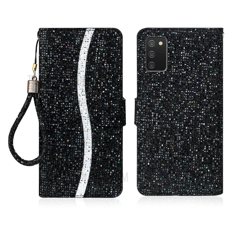 Wallet Stand Design Glittery Powder Splicing Leather Case for Samsung Galaxy A02s (166.5x75.9x9.2mm) - Black-1