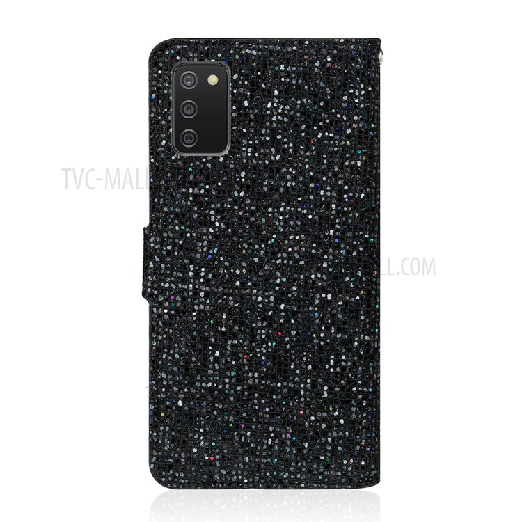Wallet Stand Design Glittery Powder Splicing Leather Case for Samsung Galaxy A02s (166.5x75.9x9.2mm) - Black-3