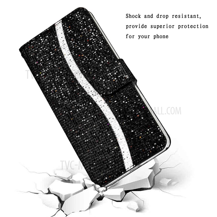 Wallet Stand Design Glittery Powder Splicing Leather Case for Samsung Galaxy A02s (166.5x75.9x9.2mm) - Black-4