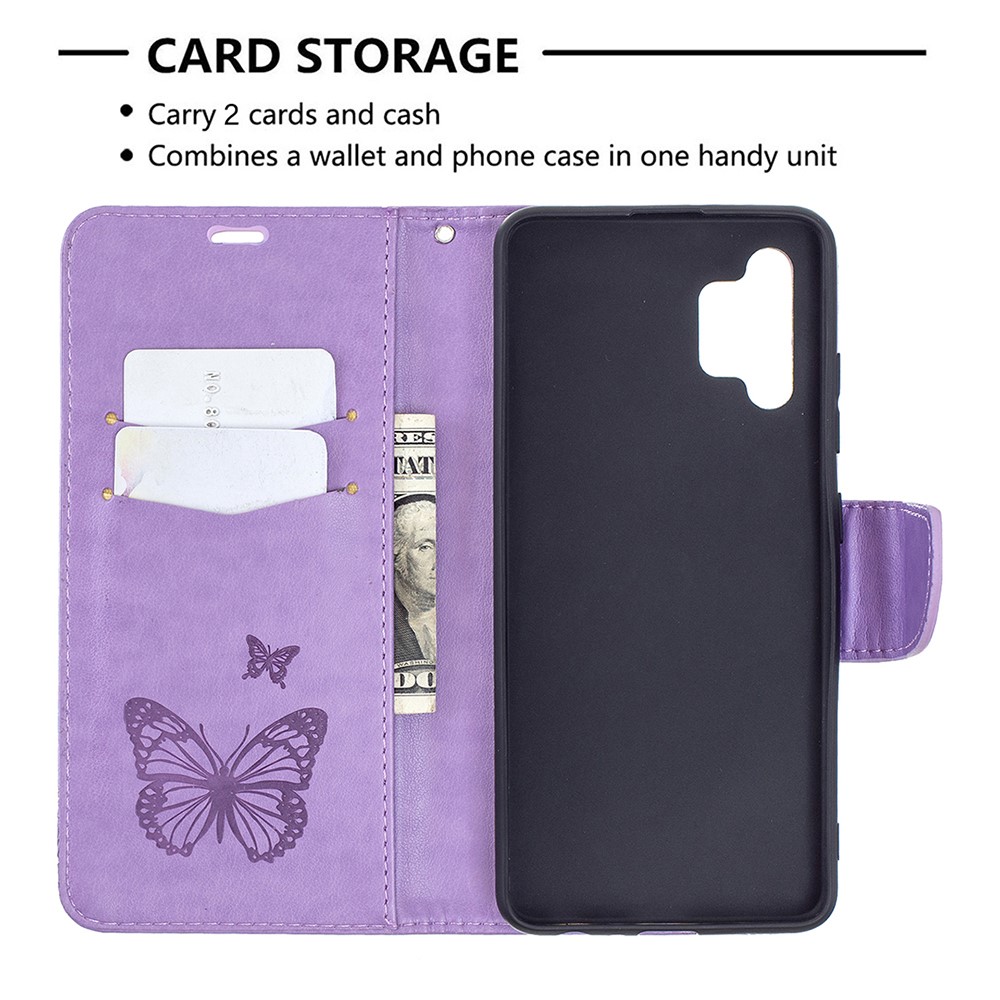 Imprint Butterfly Leather Wallet Case Для Samsung Galaxy A32 4G (версия Eu) - Пурпурный-3