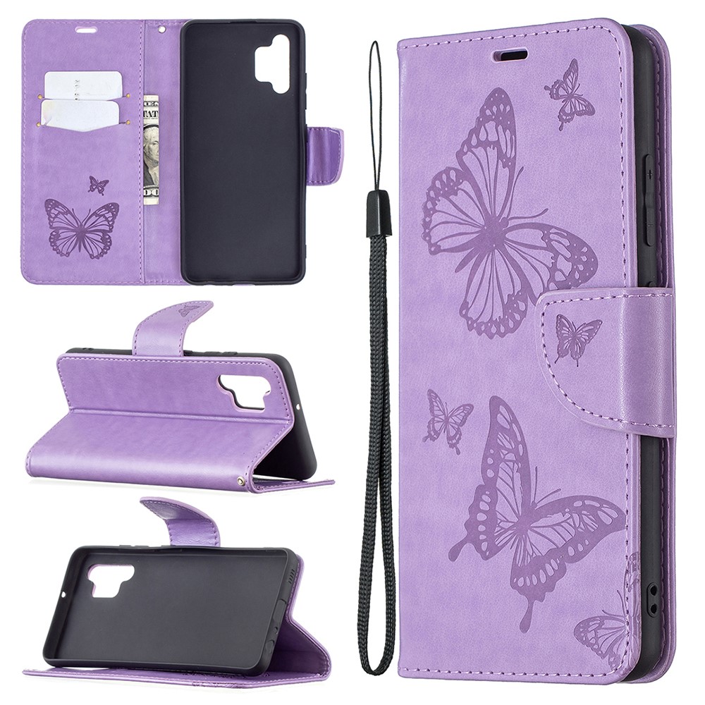 Imprint Butterfly Leather Wallet Case Для Samsung Galaxy A32 4G (версия Eu) - Пурпурный-6