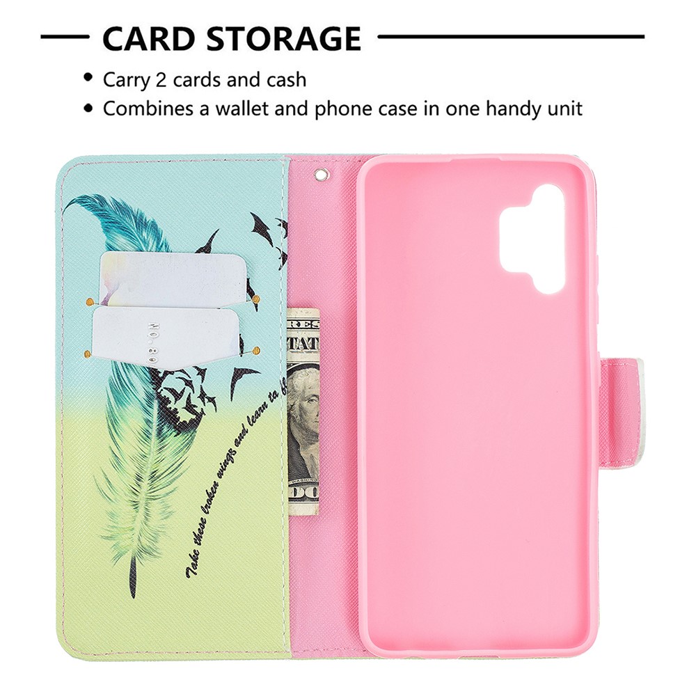 Pattern Printing Leather Wallet Shell Case for Samsung Galaxy A32 4G (EU Version) - Feather Pattern-3