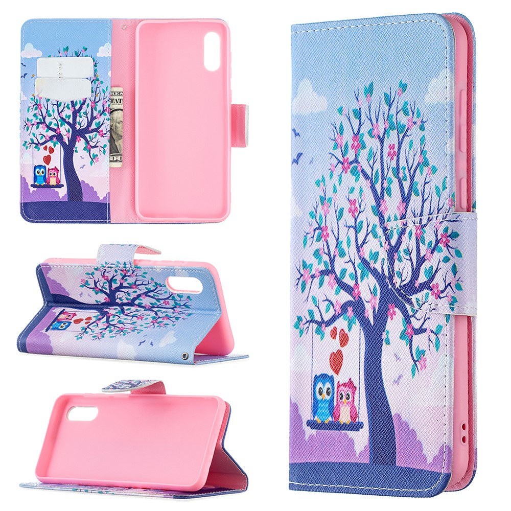 Pattern Printing Leather Wallet Shell Case for Samsung Galaxy A02 - Tree and Owls-6
