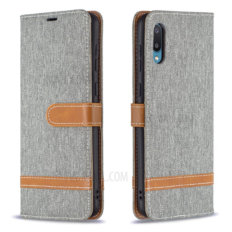 Assorted Color Jeans Cloth Leather Wallet Stand Case for Samsung Galaxy A02 - Grey-1