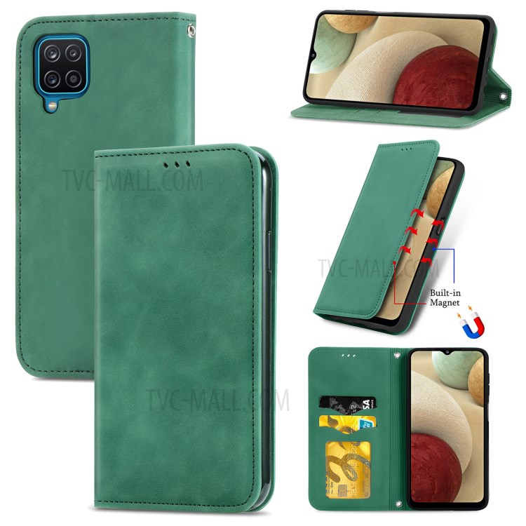 Auto-absorbed Vintage Skin Feeling PU Leather Phone Case for Samsung Galaxy A12 - Green-10