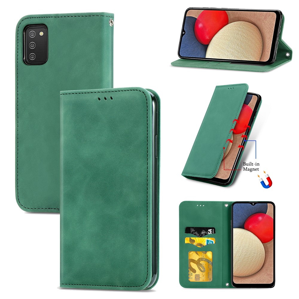 Vintage Skin Feeling PU Leather Phone Case for Samsung Galaxy A02s (164.2x75.9x9.1mm) - Green-12