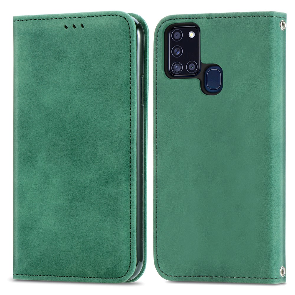 Vintage Skin Feeling PU Leather Phone Case for Samsung Galaxy A21s - Green-1