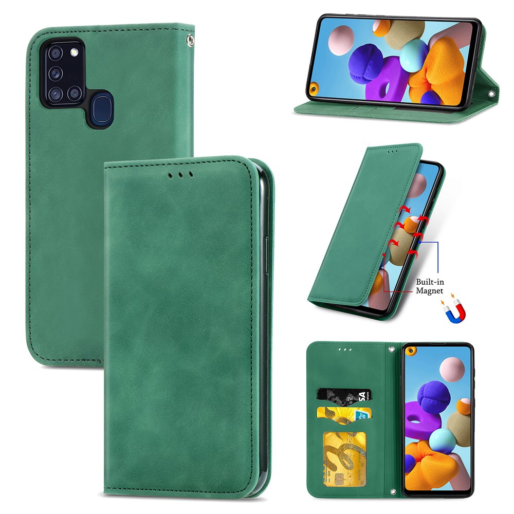 Vintage Skin Feeling PU Leather Phone Case for Samsung Galaxy A21s - Green-11