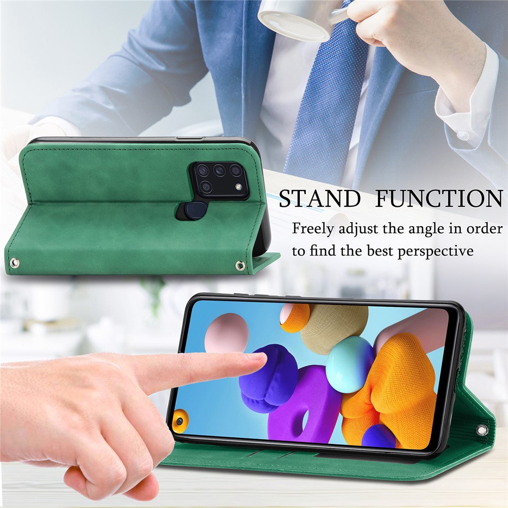 Vintage Skin Feeling PU Leather Phone Case for Samsung Galaxy A21s - Green-8