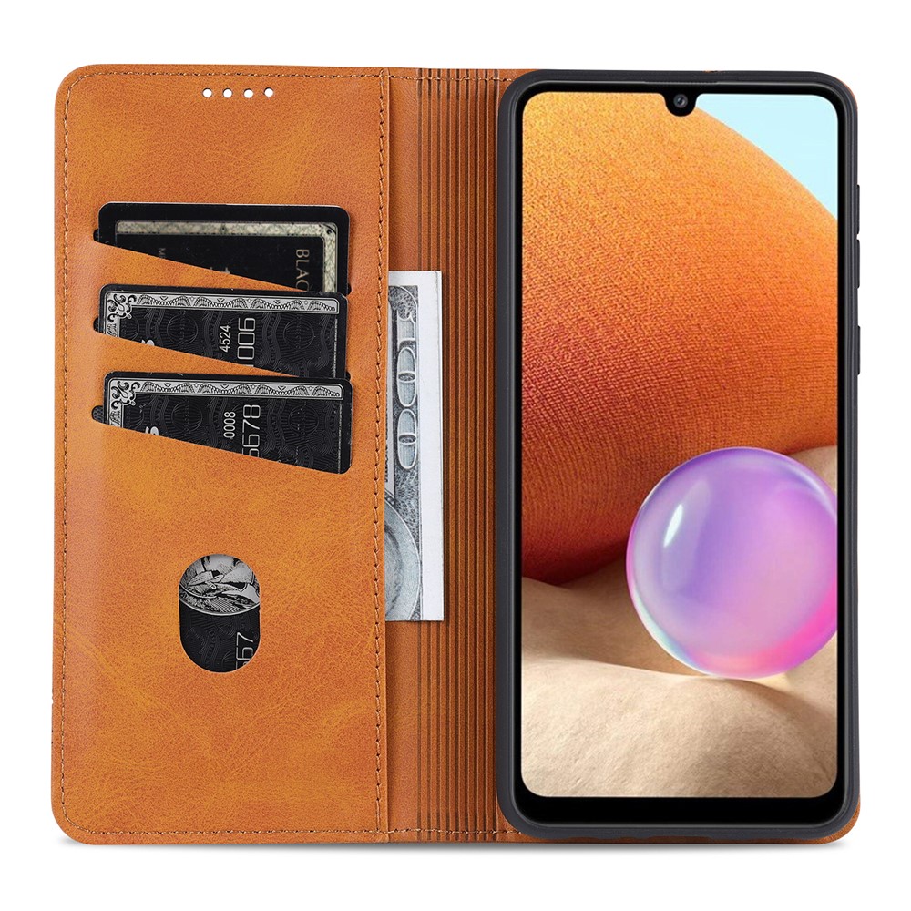 AZNS Stand Wallet Auto-absorbed Magnetic Leather Case for Samsung Galaxy A32 4G - Brown-4