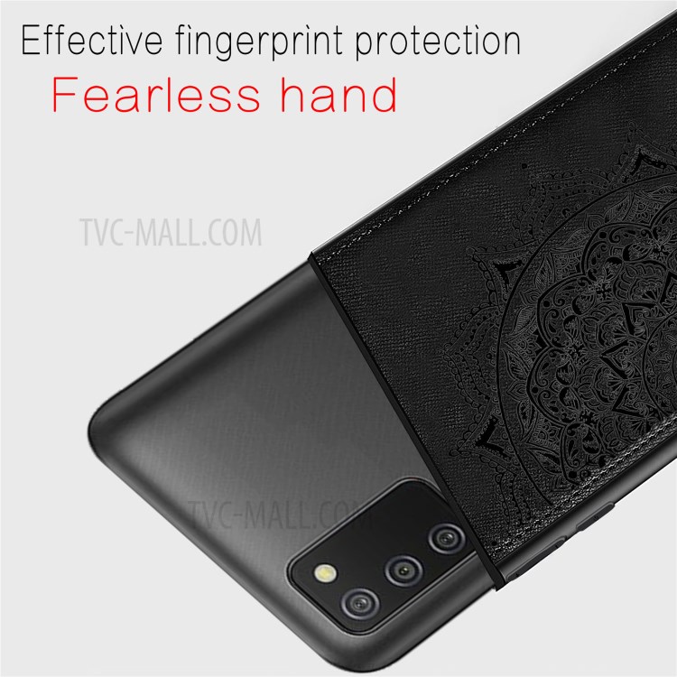 Imprint Mandala Flower Leather Coated PC + TPU Phone Case for Samsung Galaxy A02s (164.2x75.9x9.1mm) - Black-6