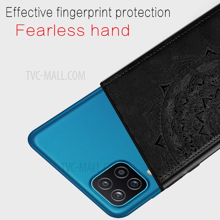 Imprint Mandala Flower Leather Coated PC + TPU Phone Case for Samsung Galaxy A12 - Black-6