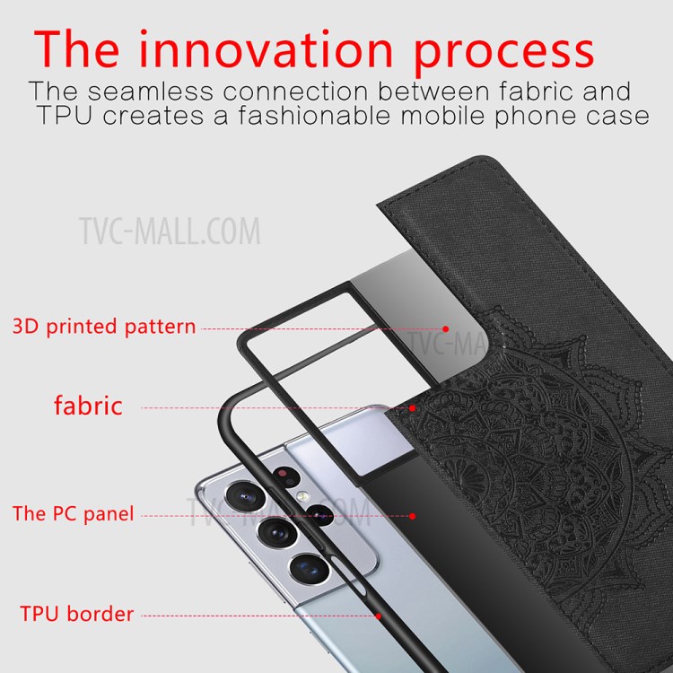 Imprint Mandala Flower Pattern Leather Coated PC + TPU Phone Case for Samsung Galaxy S21 Ultra 5G - Black-4