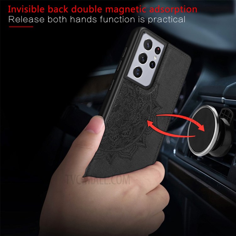 Imprint Mandala Flower Pattern Leather Coated PC + TPU Phone Case for Samsung Galaxy S21 Ultra 5G - Black-5