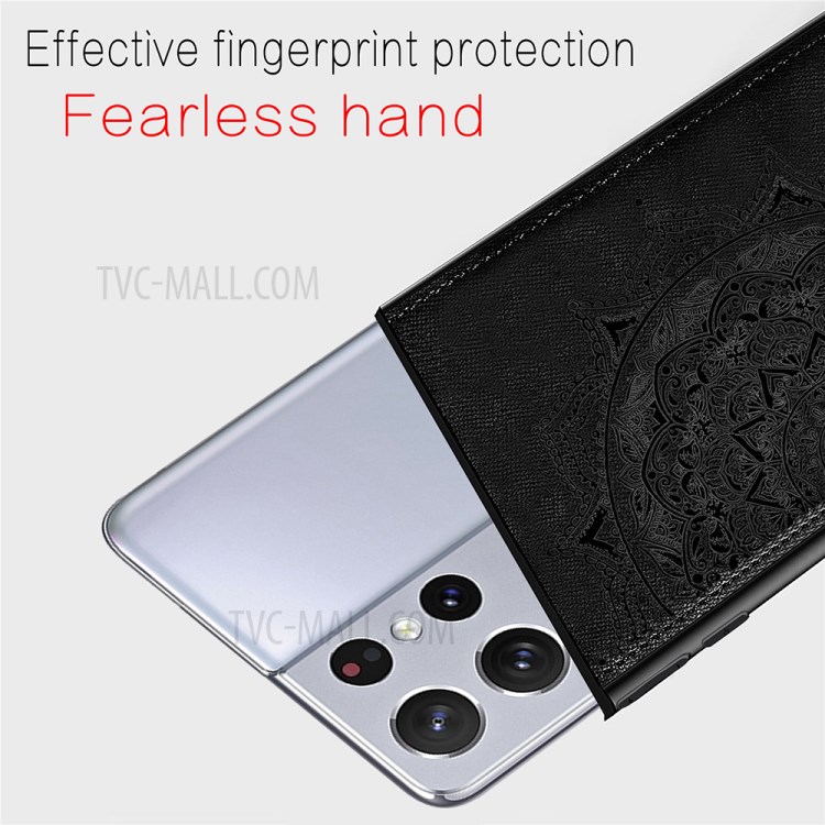 Imprint Mandala Flower Pattern Leather Coated PC + TPU Phone Case for Samsung Galaxy S21 Ultra 5G - Black-6