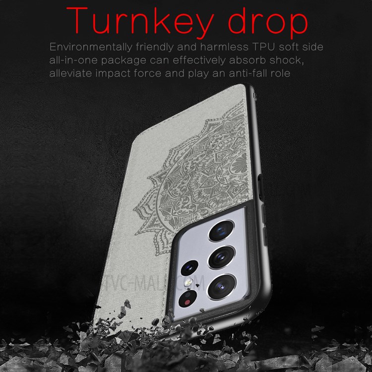 Imprint Mandala Flower Pattern Leather Coated PC + TPU Phone Case for Samsung Galaxy S21 Ultra 5G - Black-7