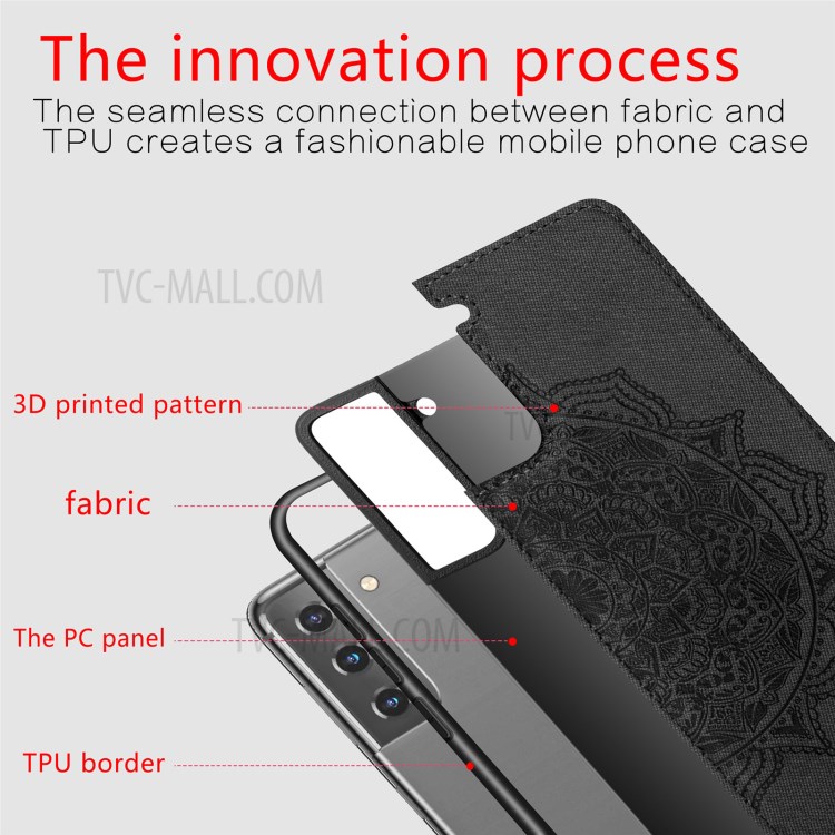 Etui De Téléphone Enduit En Cuir De Fleur Mandala Mandala Pour Samsung Galaxy S21 + 5G - Noir-5